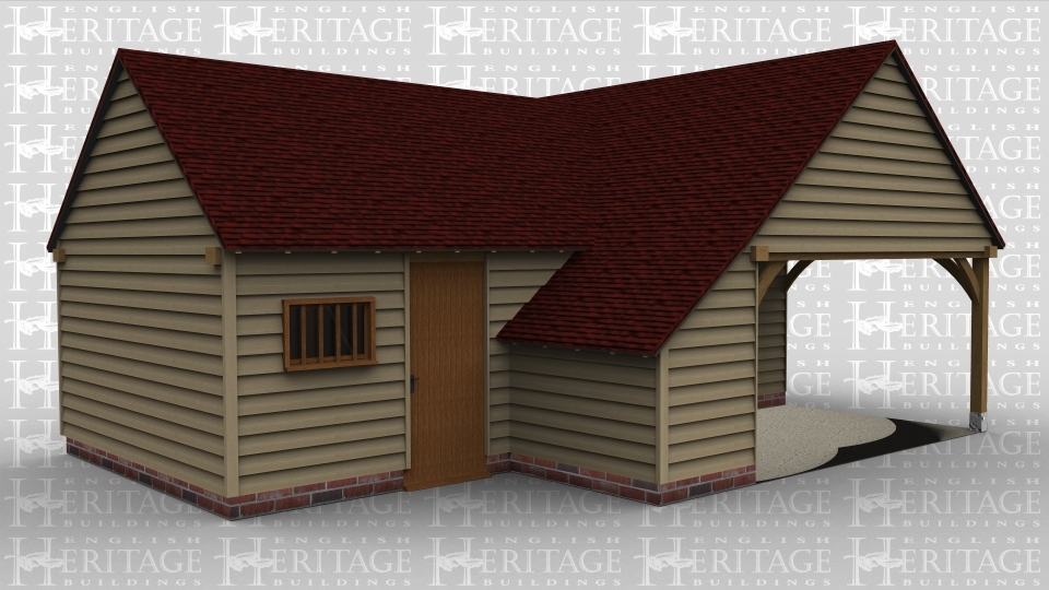 A3 bay oak framed garage made up of 2 frames, the first frame is a single bay with a mullion window and a solid single door on the front. The second frame has 2 bays, one bay is open on the front and the left while the other has a set of iroko garage doors on the front and a half glazed door in the partition between the bays.