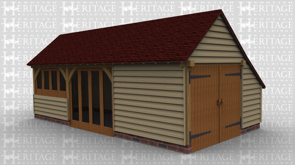 A3 bay oak framed leisure building with an internal aisle along the rear which has a door on the left hand side. On the right side of the building is a pair of  garage doors while at the front is 4 panes of full height gazing as well as 4 pane window.