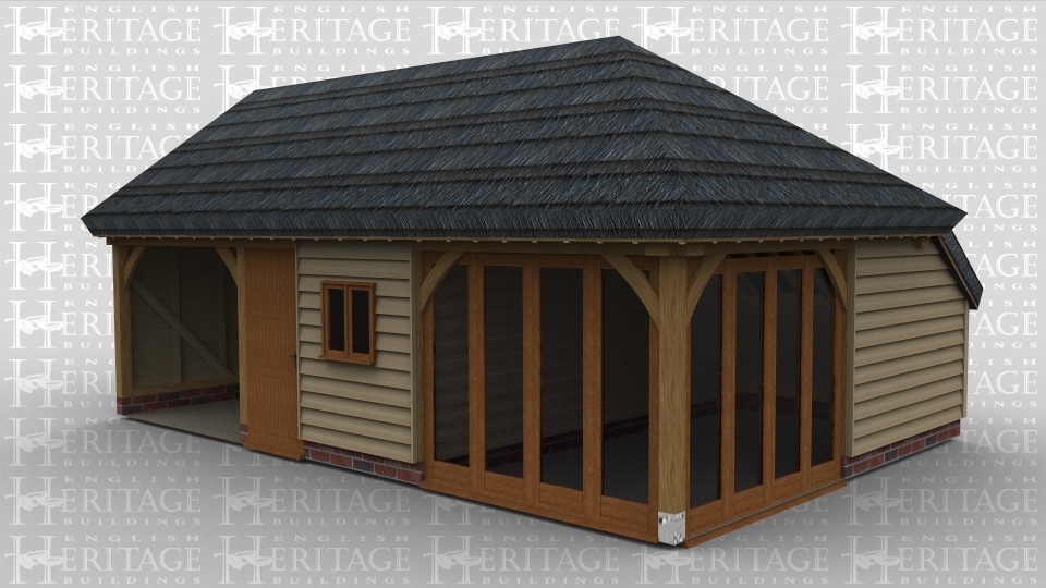A 3 bay oak framed leisure building with one bay open at the front , the second bay has a solid single door and a 2 light window and the right hand bay has full height glazing on bioth the front and right side.. This building has a thatched roof as well as an internal aisle at the rear.