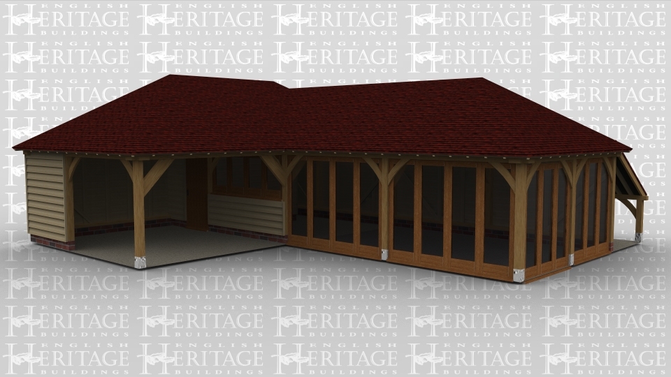 A 4 bay oak framed leisure building made up of 2 frames. The first frame is 1 bay in size and open at the front, it has an internal door on the right allowing acess to the other frame as well as 4 windows on the connecting wall. The second frame makes up the other 3 bays, there is full height glazing and on the front and the right of the building as well as an external aisle along the rear of the building.