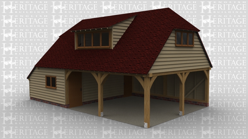 A 3 bay oak framed garage with upper floor. The left hand bay on the ground floor is fully enclosed with a 2 light window at the front and 2 single doors on the right. On the left of this bay is an internal aisle. The other 2 bays are left completely open. The first floor has a 3 light window underneath the barn hip roof on the right and a mono pitch dormer with a 4 pane window.