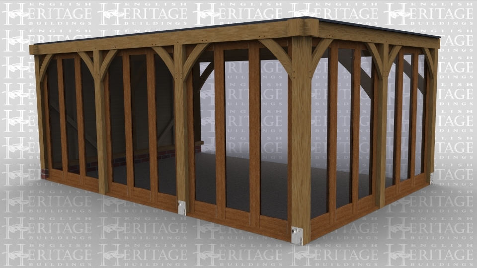 A 3 bay oak frame garden room home extension with a flat roof and full height glazing along 3 sides.