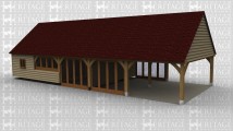 A 5 bay oak framed leisure building with the left hand bay ope on all sides, the next bay has full height glazing along the entire front and rear wall to allow plenty of natural light into the room. The next bay is boarded on the front, left and the rear with a 2 light window at the front and full height glazing on the rear wall.the next bay has a window with a further 4 panes at the rear and  another 2 light window at the front, the final bay has a 2 light window at the rear and a pair of iroko garage doors at the front.