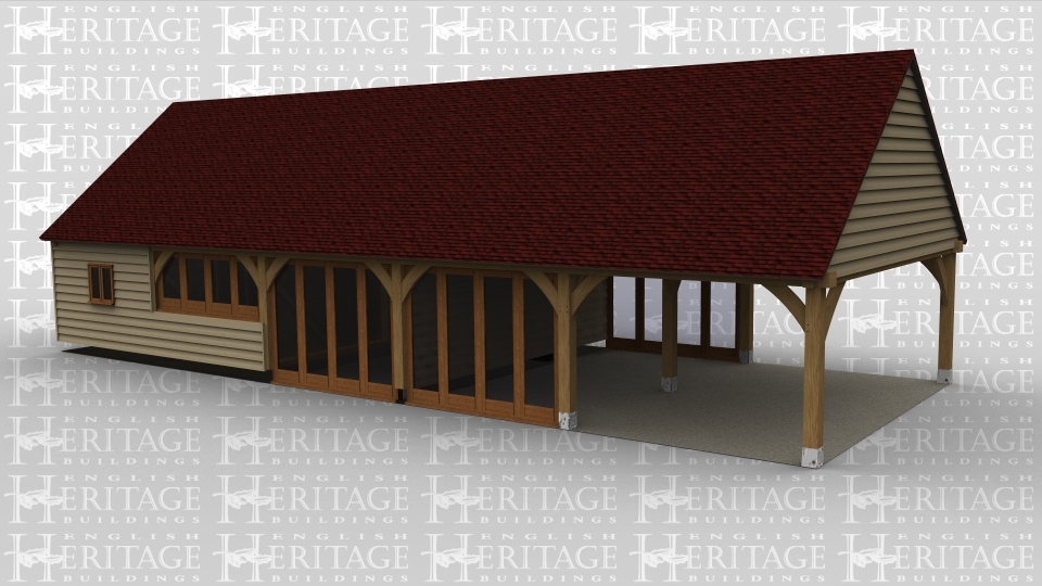 A 5 bay oak framed leisure building with the left hand bay ope on all sides, the next bay has full height glazing along the entire front and rear wall to allow plenty of natural light into the room. The next bay is boarded on the front, left and the rear with a 2 light window at the front and full height glazing on the rear wall.the next bay has a window with a further 4 panes at the rear and  another 2 light window at the front, the final bay has a 2 light window at the rear and a pair of iroko garage doors at the front.