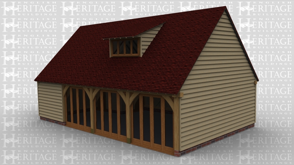 A 4 bay oak framed leisure with upper floor. 3 bays to the right have full height glazing to the front and the left bay is closed. There is also a small out building attatched to the left hand side which has a single door. On the upper floor there is a 2 light window in the gable and to the front is a mono pitch dormer containing a 4 light window.