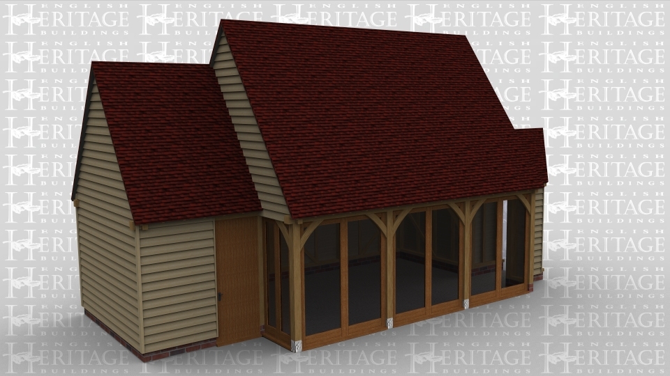 A 5 bay oak framed leisure building made up of 3 frames. The first frame  is a single bay with just a solid single door at the front and a gable end on the left. The second frame is 3 bays in size and has full hieght glazing on the left and front walls to allow plenty of natural light into the building and has a gable end roof on the left and right. The final frame is a single bay that connects this new building to an existing one, with just boarding on the front and rear.