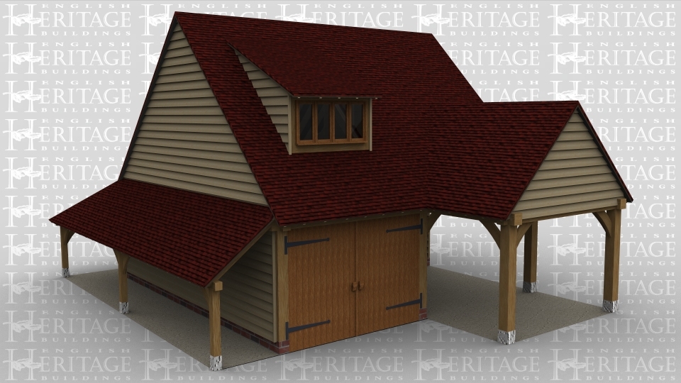 A 3 bay oak framed garage made up of 2 frames, the first of which is a sinlge frame open on all sides . The second frame is 2 bays in size with a pair of iroko garage doors  at the front and a dormer window above, the right hand bay has a set back partition and on the right wall is a mullion window and a solid single door with a 1 light window in the gable end., the left wall has an external aisle on the left .