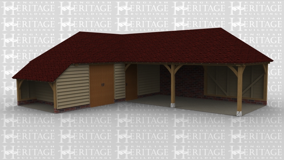 A 4 bay oak frame garage made up of 2 frames, the first frame accounts for 2 of the bays with a full hip roof at both ends including an external catslide on the left and on the front is a solid pair of iroko doors and a solid single door. At the rear are 2 windows to allow the light into the building. The second frame makes up the other 2 bays in this building, with both bays left open at the front and also at the right.