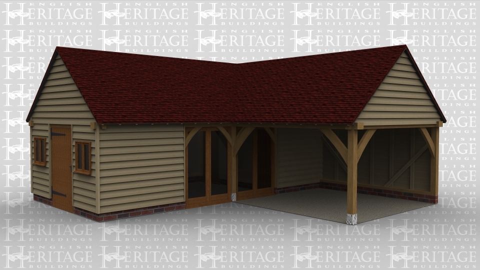 A 5 bay oak framed building made up of 2 frames, the first frame is a single bay in size open at the front and right hand side. The second frame is 4 bays in size with a section of full height glazing at the front and on the left is a solid single door with a 2 light window either side