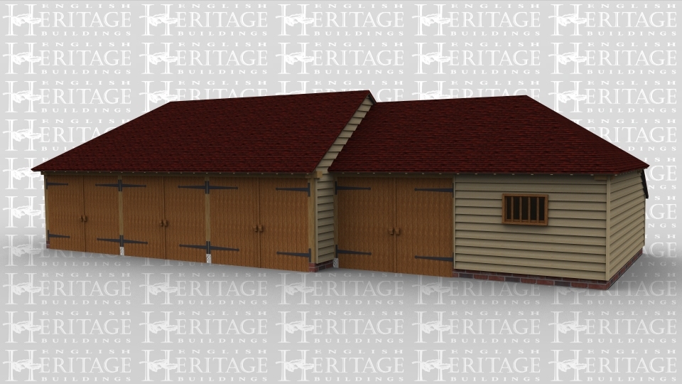 A 5 bay oak frame garage made up of 2 frames. The first frame accounts for 3 bays with a pair of iroko garage doors at the front of each bay,on the left is a single mullion windows  and at the rear is an internal aisle. The second frame makes up the other 2 bays  with a pair of iroko garge doors and a mullion window at the front, this frame also has an internal aisle at the rear.