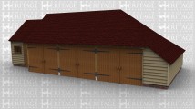 A 4 Bay oak frame building made up of 2 frames. The first frame is 3 bays in size and has a pair of iroko garage doors at the front of each bay and an internal aisle on the right. The second frame is a single bay with a solid single door and a mullion window at the front.