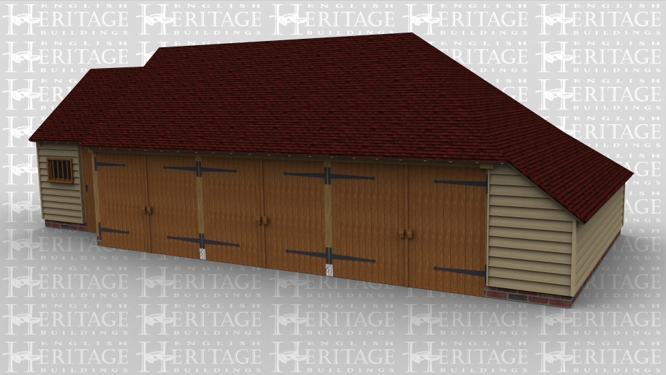 A 4 Bay oak frame building made up of 2 frames. The first frame is 3 bays in size and has a pair of iroko garage doors at the front of each bay and an internal aisle on the right. The second frame is a single bay with a solid single door and a mullion window at the front.