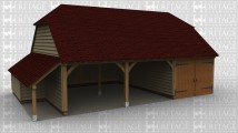 A 3 bay oak framed garage with two bays left open at the front and the third enclosed with a pair of iroko garage doors, the  left side of the building has an aisle that is partly internal and partly external.