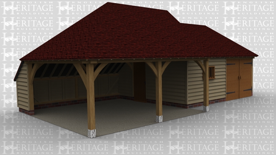 A 4 bay oak frame garage made up of 2 frames. The first frame accounts for the first 2 bays with the front left open and the left hand side only partially boarded, this frame also has an aisle at the rear. The second frame makes up the other 2 bays with 1 boarded at the front and housing a mullion window while the other has a pair of iroko garage doors at the front. On the left side is a solid single door connecting the 2 frames.