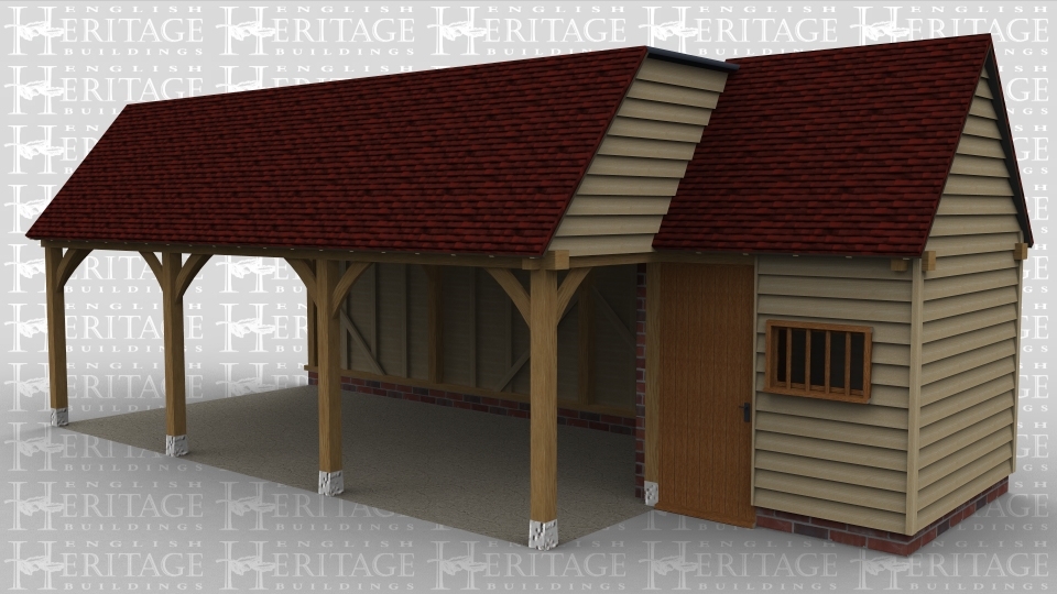 A 4 bay oak frame garage made up of 2 frames. The first frame is 3 bays in size and is open at the front and at the left to allow it to attach to an existing building, there is a solid single door on the right allowing acess to the other frame, The other frame is a single bay in size and has a solid single door and a mullion window at the front .