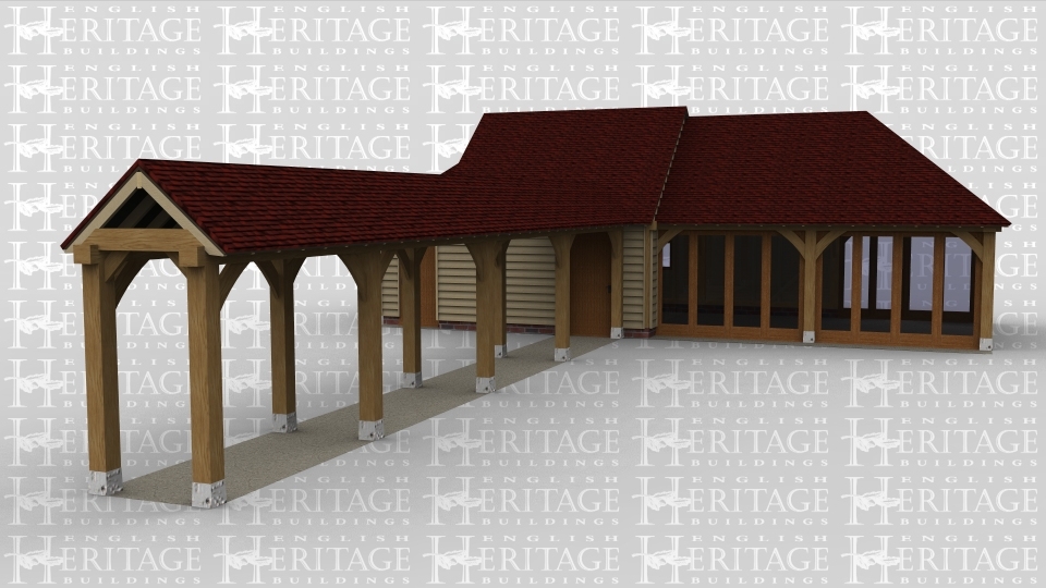 A 9 bay oak frame building made up of 4 frames. The first frame is 2 bays in size with the entire front wall filled with full height glazing as well as the right wall and part of the rear wall to allow plenty of natural light into the building. The second frame is also 2 bays in size with a solid single door at the front and 2 2light windows at the rear. The third frame is a single bay with just solid single door at the front. The final frame is 4 bays in size and is open on all sides.