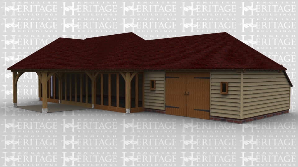 A 5 bay oak frame building made up of 3 frames. The first frame is 3 bays in size and has full height glazing along the entire front wall with 2 of the bays using iroko joinery and the centre bay using oak joinery. The second bay is a single bay open on all sizewith a full hip roof on the left. The final frame accounts for 1 bay and has a pair of iroko garage doors at the front and a 1 light window either side of the doors, this bay has internal aisles on the left right and the rear.