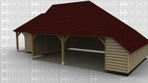 A 3 bay oak framed garage made up of 2 frames. The first frame is 2 bays in size, it is open at the front with a gable end on the left and a full hip roof on the right, there is also an internal aisle on the right side. The second frame is a single bay with a 2 light window at the front on the left is a solid single door and a 2 light window.