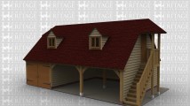 A oak framed garage with 3 bays on the ground floor and 3 bays on the first floor. The front of the buildong has 2 open bays and one bay enclosed with iroko garage doors, on the right side of the building is an external staircase with a canopy allowing access to the first floor. On the first floor are 2 dormers each containing a 2 light window at the front and at the rear is a full bay size dormer with a 4 light window to allow plenty of natural light into the upper floor.