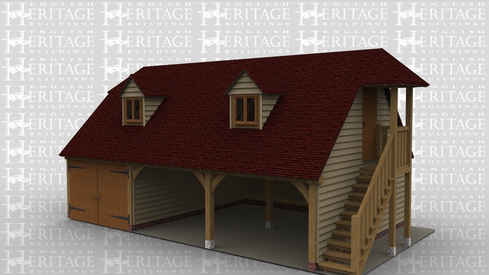 A oak framed garage with 3 bays on the ground floor and 3 bays on the first floor. The front of the buildong has 2 open bays and one bay enclosed with iroko garage doors, on the right side of the building is an external staircase with a canopy allowing access to the first floor. On the first floor are 2 dormers each containing a 2 light window at the front and at the rear is a full bay size dormer with a 4 light window to allow plenty of natural light into the upper floor.