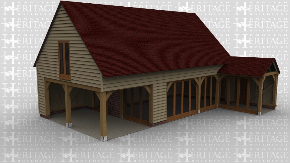 A 6 bay oak framed sling brace leisure building made up of 2 frames. The first frame is 5 bays, 3 of which are on the ground floor and 2 are on the first floor, one bay is left open at the front and left side with full height glazing on the right  while the other 2 bays half full height glazing at the front to allow plenty of natural light into the building, at the rear is an internal aisle with a pair of iroko garage doors and a2 light window. Inside the building is an oak staircase leading to the first floor, on the first floor at the rear is a dormer with a 5 light window while on the left is 2 panes of full height glazing and on the right of the building is a 2 light window in the gable end. The second frame is a single bay with full height glazing at the front and at the rear is a 1light window and a solid single door.