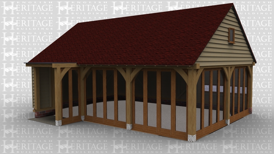 A 5 bay oak frame leisure building made up of 2 frames, the first frame accounts for a single bay and is a link between an existing building and the other frame,  it has a flat roof and full height glazing at the front. The second frame is 4 bays in size and  has the entire front and right wall covered with full height glazing to allow plenty of natural  light into the building and above on the left is a single winodw in the gable end. while at the rear is a long narrow window.