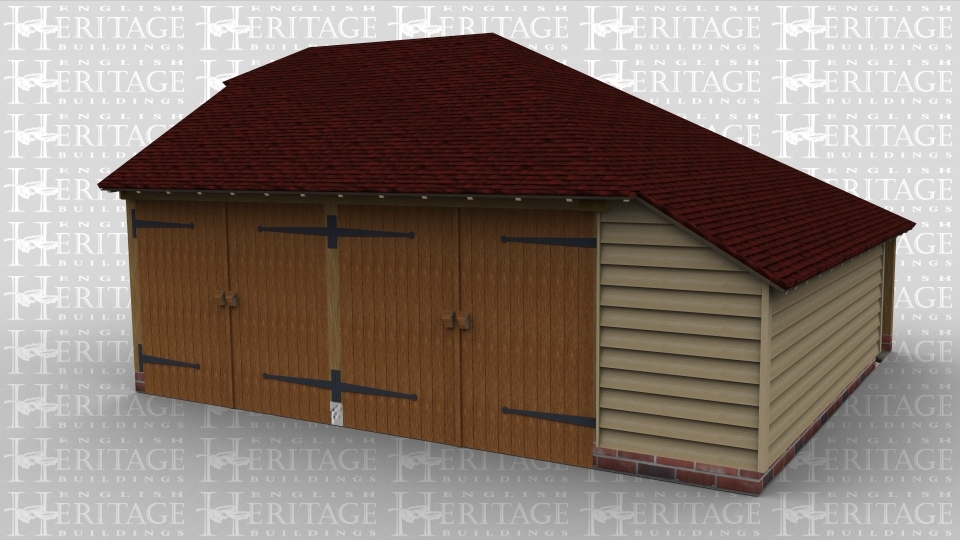 A 2 bay oak framed garage with 2 pairs of iroko garage doors at the front with an internal aisle on the right and on the left is a mullion window. At the rear is an internal aisle and a dormer housing a half glazed single door.