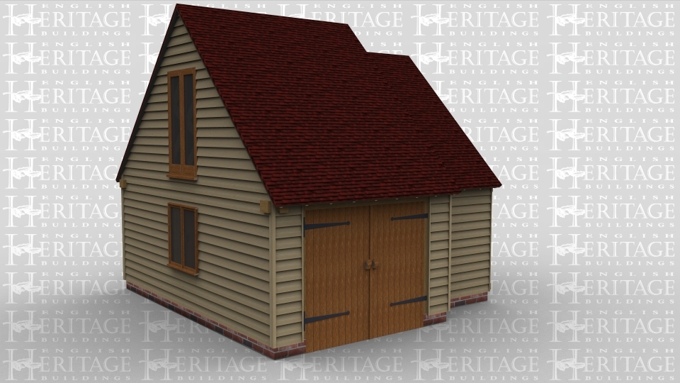 A 2 bay oak frame home extension with a pair of iroko garage doors at the front and the right wall left open to allow it to attach to an existing building, on the left is a 2 pane window on the ground floor and 2 panes of full height glazing on the first floor to allow plenty of natural light in.
