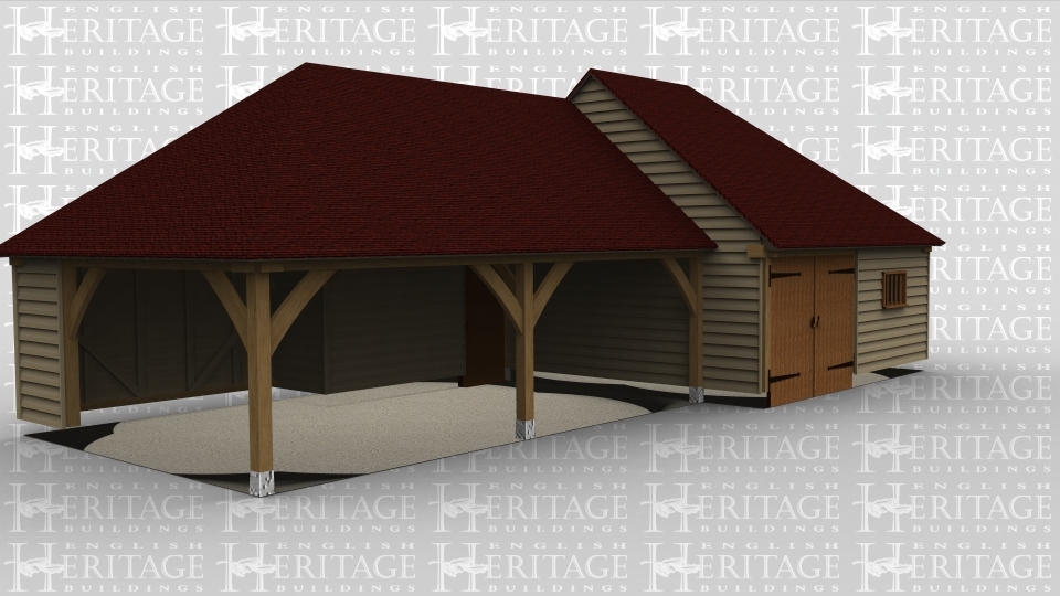 A 4 bay oak frame garage with the left wall open and 2 of the bays left open at the front, there is a pair of iroko garage doors at the front as well as a single mullion window and on the right is a solid single door.