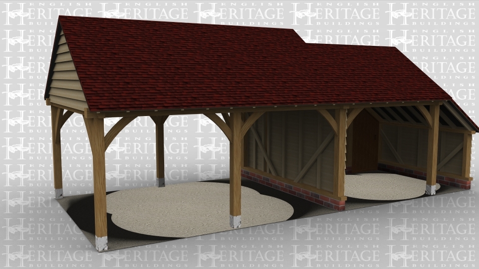 A 3 bay oak framed garage open at the rear to allow it to attach to an existing building, at the front 2 bays are left open and the othe has a solid single door in the internal aisle and a mullion window and a solid single door