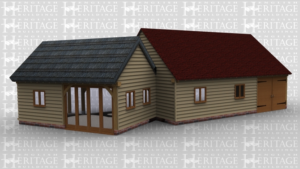 A 5 bay oak frame building made up of 2 frames, the first of which is 2 bays in size and left open on the left to allow it to attach to an existing building, the rear of the building has a 2 light window and a section of full height glazing to allow plenty of natural light in, the right wall has two 2 light windows and the frame has a thatch roof. The second frame is 3 bays in size and is open at the front and partially open on the left, at the rearthere are two 2 light windows and a pair of iroko garage doors