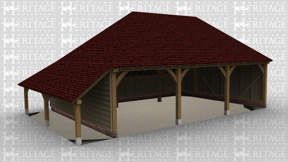 A 3 bay oak framed garage with a full hip roof on the left and right and all bays open at the front , this building has an external aisle on the left and an internal aisle at the rear.