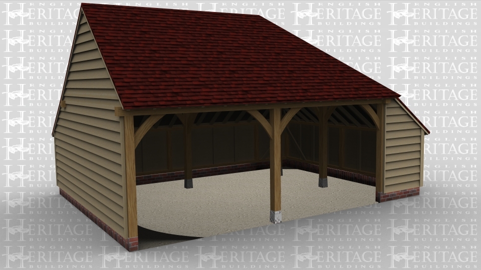 A two bay oak framed garage open at the front with an internal aisle on the right