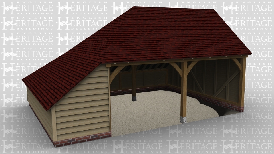 A 2 bay oak framed garage open at the front with an internal aisle on the left and rear.