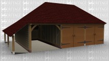 A 3 bay oak framed garage with one bay open at the front while the other 2 are enclosed with a pair of iroko garage doors at the front of each bay, thereis also an internal aisle at the rear and an external aisle on the left of the building.