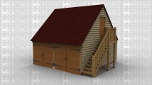 A 2 bay oak framed garage with upper floor. At the front there is a pair of iroko garage doors at the front of each bay and on the right is an external oak staircase allowing access to the first floor on which there is a solid single door.
