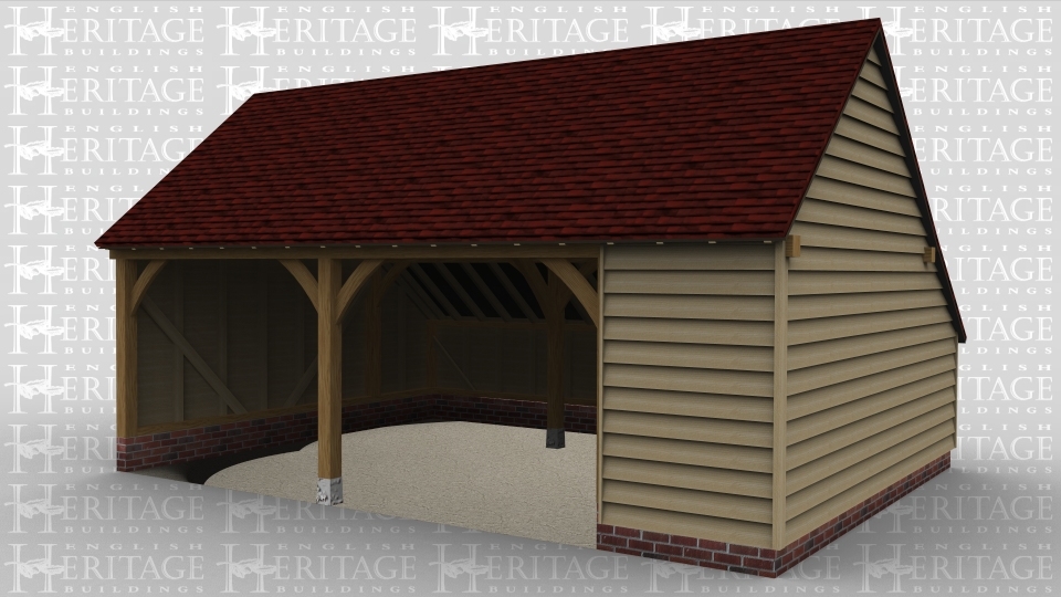 A 2 bay oak framed garage open at the front with an internal aisle on the right and the rear.
