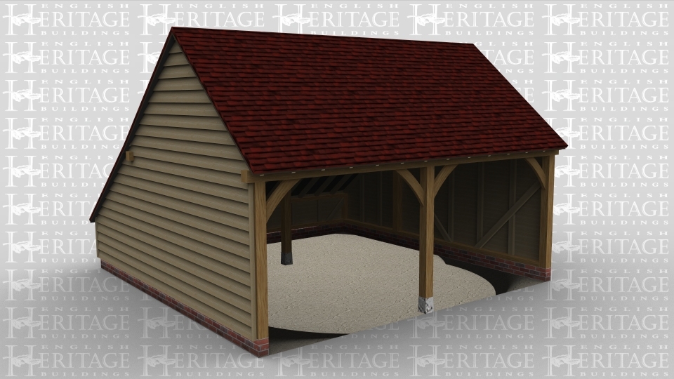 A 2 bay oak framed garage open at the front with an internal aisle at the rear.