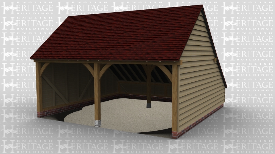 A 2 bay oak framed garage with both bays open at the front  with an internal aisle at the rear.