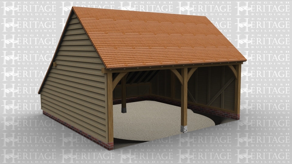 A 2 bay oak framed garage open at the front with an internal aisle at the rear and pantile roofing.