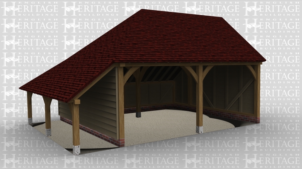 A 2 bay oak framed gargage open at the front with an external aisle on the left and an internal one at the rear.