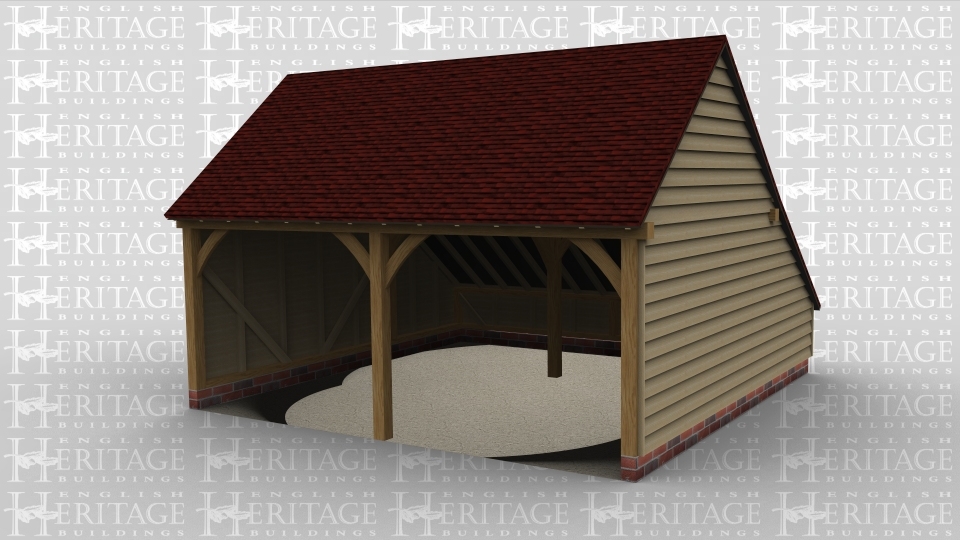 A 2 bay oak framed garage withan inetrnal aisle at the rear.