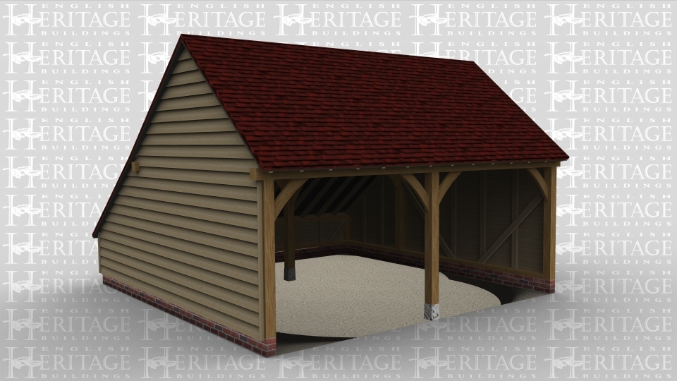 A 2 bay oak framed garage open at the front with an internal aisle at the rear.