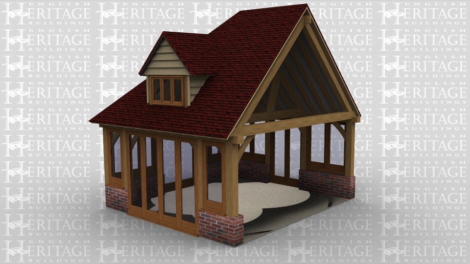 A 2 bay oak framed home extension with the right wall left open to attach to an existing building while at the the front there is a section of full height glazing as well as 2 other windows as does the rear to allow plenty of natural light into the building, On the left are a pair of patio doors and 2 sections of window as well. On the front above is a dormer with a 3 light window in it.