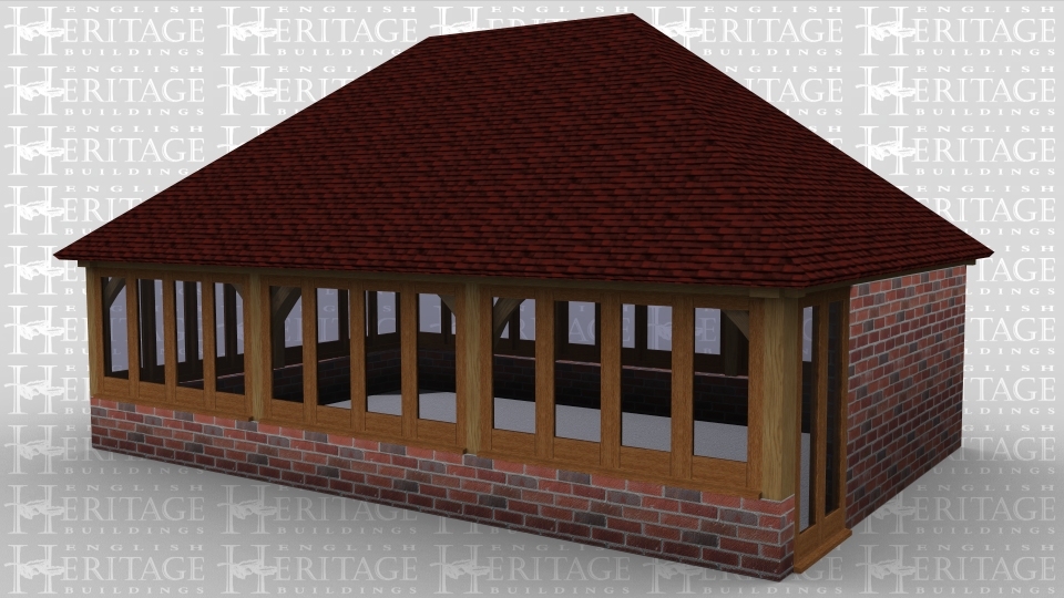 A 3 bay oak framed building with glazing along the front right and rear walls to allow plenty of natural light in, the  building has brick walls and on the left is 2 full height glazed patio doors alow access to the building.