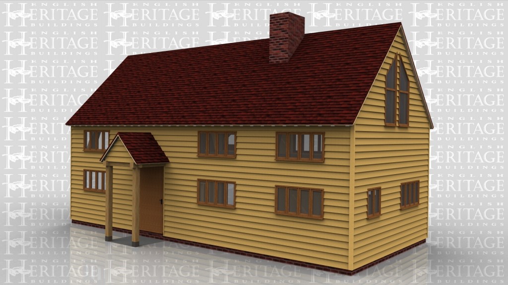 An 4 bay oak framed sling brace extension with upper floor. At the front of the frame is a porch housing a solid single door, there is also three 4 light windows on the ground floor and three 4 light windows on the first floor, the left wall is left open to allow it to attach to an existing building, the right wall has a 2 light window and a 4 light window on the ground floor and on the first floor is a 4 pane window in the gable end. The rear of the building has a further three 4 light windows on the ground floor and 3 on the first floor additionally there is a 4 pane window on the first floor and a section of full height glazing below on the ground floor to allow for plenty of natural light to enter the building.