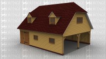 A 3 bay oak frame garage with upper floor. The front of the building has a solid single door and a decorative stable door and 2 mullion windows on the ground floor while in the first floor are 2 dormers with a 2 light window in each. On the right side the ground floor is open while the first floor is weatherboarded with a 4 light window.