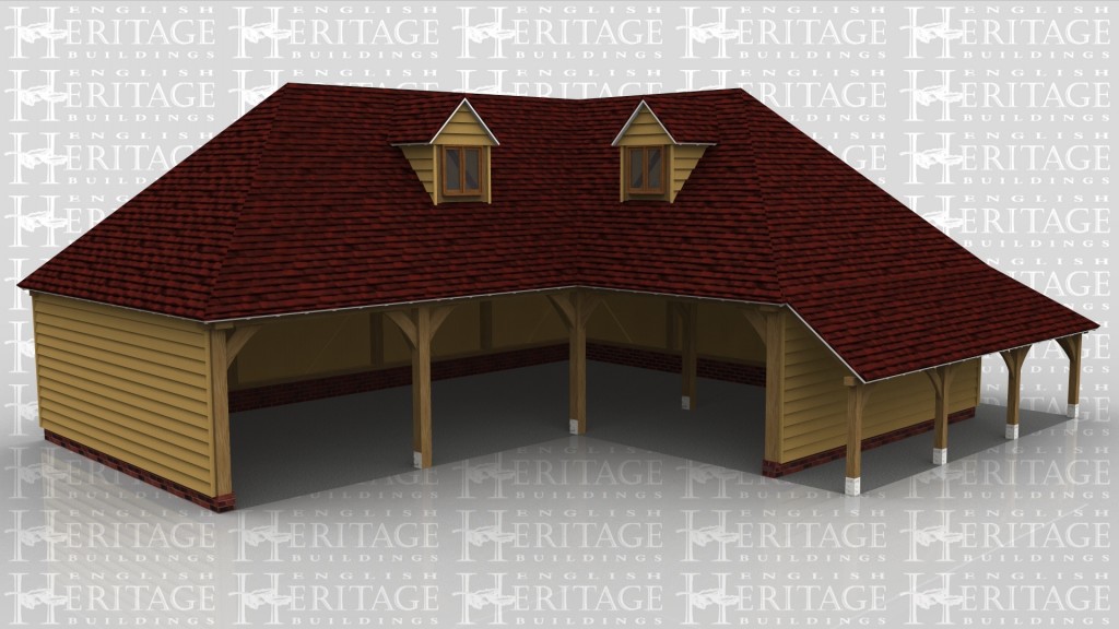 A 5 bay oak frame garage with upper floor configured in an 'L' shape. There is an external logstore to the right and rear of the right hand bay and two dormer windows in the upper floor. The upper floor is accessed via an intenral staircase.