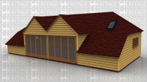 A 4 bay oak framed leisure building with an internal aisle at the frontwith 2 rooflights and 2 barn entrances, under which is a section of full height glazing to allow plenty of natural light into the building, on the right side is a 4 light window and on the left is a 3 light window.