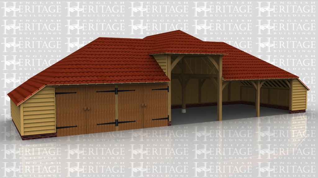 A 5 bay oak frame garage made up of 3 frames, the first of which is 2 bays in size and has an internal aisle on the left with a pair of iroko garage doors at the front of both bays. The second frame accounts for a 1bay which is open at the left hand side with a rear wall and a right wall. The final frame makes up the last 2 bays and is open at the front with an internal aisle on the right.